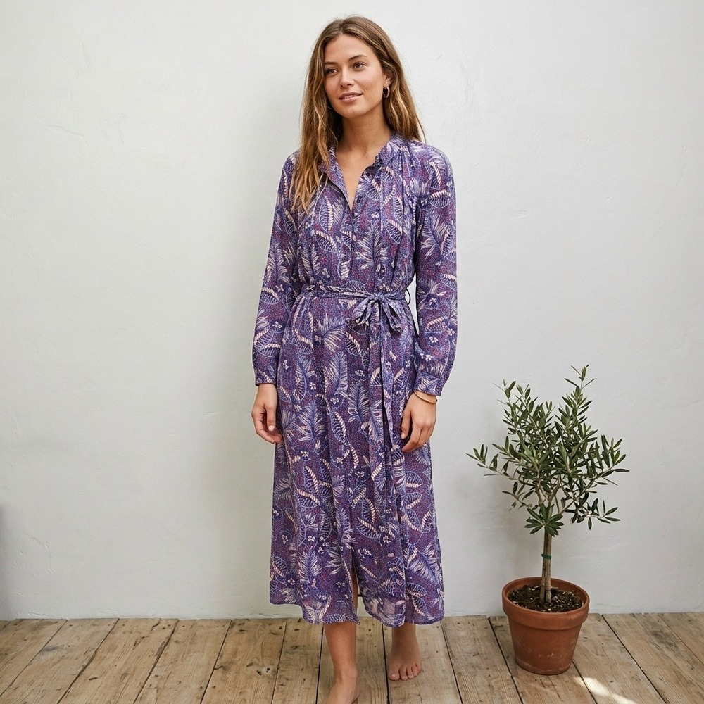 Xirena Womens Dress Large Blue Tropical Leaf Print Belted Button Front Cotton